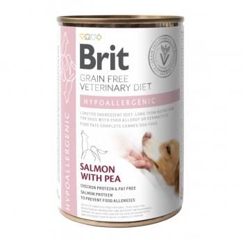 BRIT GF Veterinary Diet Hypoallergenic, Somon cu Mazăre, dietă veterinară câini, conservă hrană umedă fără cereale, afecțiuni digestive și dermatologice, 400g