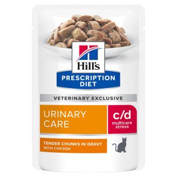 HILL'S Prescription Diet c/d Urinary Care Multicare Stress, Pui, dietă veterinară pisici, plic hrană umedă, sistem urinar, sistem nervos & calmante, (în sos), 85g