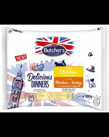 BUTCHER'S Delicious Dinners hrana in aspic, pentru pisici adulte 4x100g cu pui, cu pui si curcan