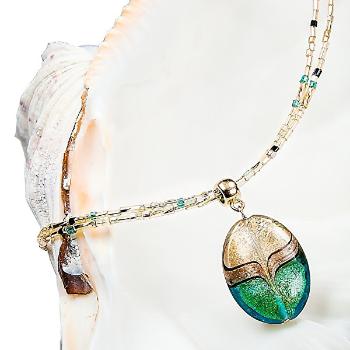 Lampglas Colier elegant pentru femei Green Sea World cu perla Lampglas cu aur de 24 de carate si aventurină NP26