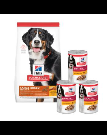 HILL'S Science Plan Adult Dog Large Dry Chicken cu pui 14 kg talie mare + 3 conserve 370 g GRATIS