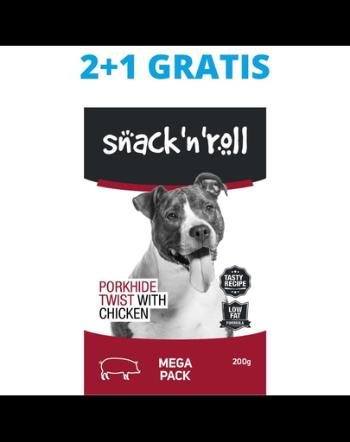 SNACK &amp; ROLL Porkhide Twist with Chicken recompense pentru caini, cu porc si pui 3x200 g 2+1 GRATIS