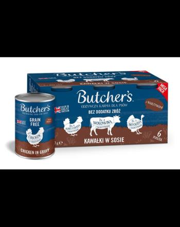 BUTCHER'S Original Recipe in gravy pentru caini 6x400 g mix arome cu legume si bucati vita, curcan si pui cu sos