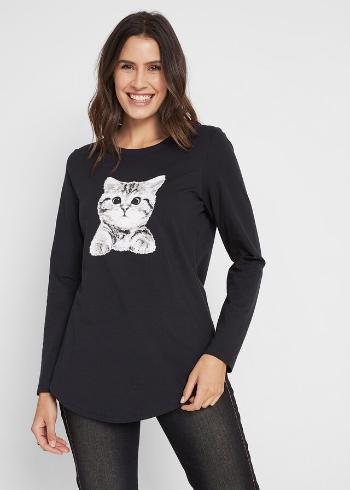 Bluză cu mâneci lungi cu imprimeu pisică și șlițuri laterale