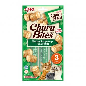 INABA CIAO Churu Bites, Pui și Ton, recompense fără cereale pisici, pernute umplute, 10g x 3