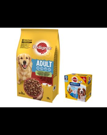 PEDIGREE Adult hrana uscata caini adulti de talie medie, cu vita si pasare 15 kg + DentaStix recompense caini 8 x 180g