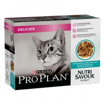 PURINA Pro Plan Delicate Nutrisavour, Pește oceanic, pachet economic plic hrană umedă pisici, sensibilități digestive, (în sos), 85g x 10