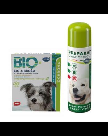 PESS BIO Set produse protectie caini, impotriva purici si capuse, zgarda 60 cm + PESS Flea-Kil Plus preparat 250 ml