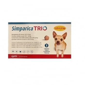 SIMPARICA Trio, comprimate masticabile antiparazitare, câini 1.25-2.5kg, 3 mg, 3 comprimate