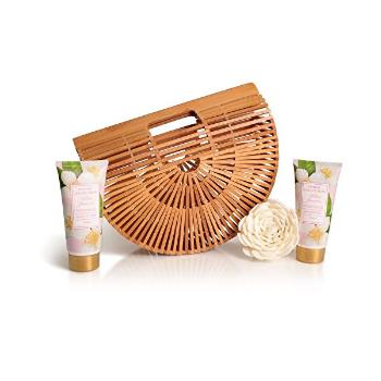 Lady Cotton  Set de cosmetice pentru corp iasomie,  în coș de bambus (White Jasmine Bath Set in bamboo basket) 