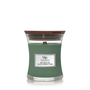 WoodWick Lumânare parfumată mică Mint Leaves & Oak 85 g