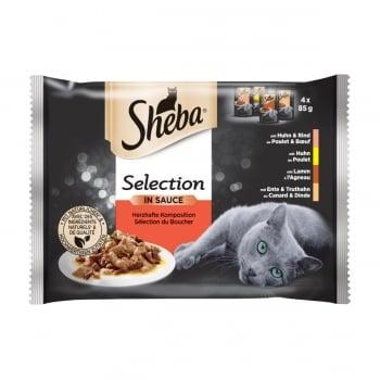 SHEBA Selection, Selecții de Carne, 4 arome, pachet mixt, plic hrană umedă pisici, (în sos), 85g x 4