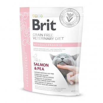 BRIT GF Veterinary Diet Hypoallergenic, Somon cu Mazăre, dietă veterinară pisici, hrană uscată fără cereale, afecțiuni digestive și dermatologice, 400g