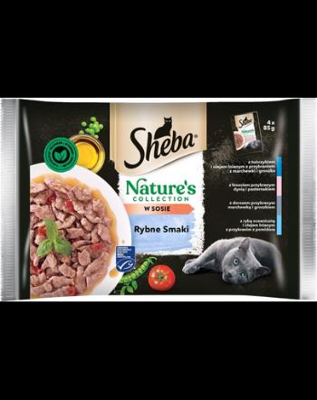 SHEBA Nature’s Collection Hrana umeda pliculet Fish Flavours pentru pisici adulte in sos, ton si ulei de in 52x85g