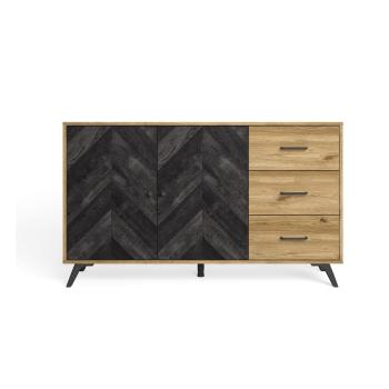 Comodă negru/natural  joasă cu aspect de lemn de stejar 136x81 cm Delta – Marckeric