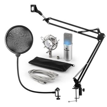 Auna MIC-900S-LED, USB, set de microfon, set V4, argintiu, microfon condensator, filtru pop, braț de microfon, LED