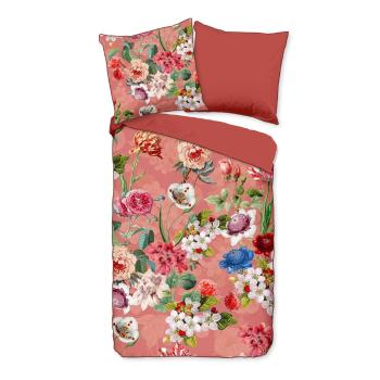 Lenjerie de pat din bumbac organic pentru pat dublu Descanso Flowery, 200 x 220 cm, portocaliu