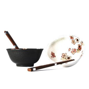 Set 2 boluri din ceramică și bețișoare MIJ Cherry Blossom, gri-alb