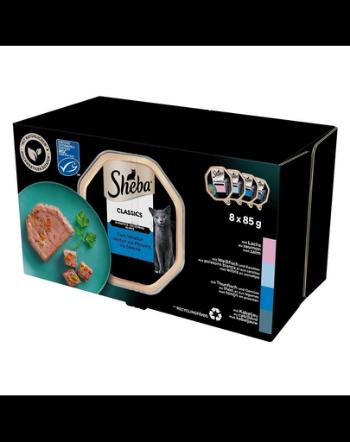 SHEBA Classics Hrana umeda pisici adulte 32x85 g cu somon, peste alb si morcov, ton si legume, cod in aspic