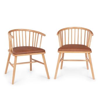 Besoa Nyssa, pereche scaune de sufragerie, lemn de fag, pernă pentru scaun din piele sintetică, maro