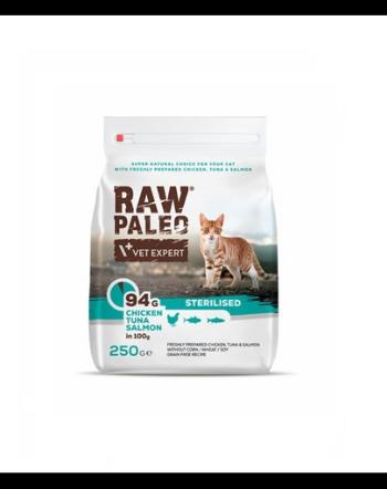 VETEXPERT Raw Paleo Sterilised Chicken&amp;Tuna&amp;Salmon Hrana uscata pisici sterilizate, cu pui, ton si somon 250 g