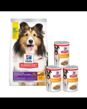 HILL'S Canine Adult Sensitive Stomach&amp;Skin 14 kg + 3 conserve GRATIS