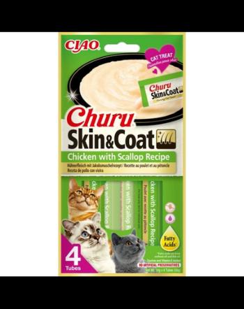 INABA Churu Skin&amp;Coat 4x14g recompense cremoase pui si scoici pentru pisici