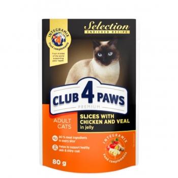 CLUB 4 PAWS Premium Selection, Pui și Vită, plic hrană umedă pisici, (în sos), 80g