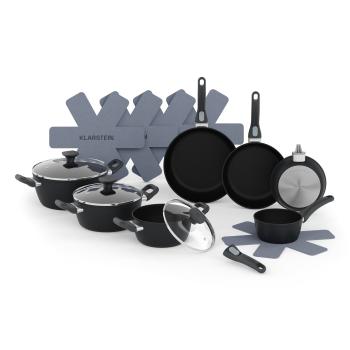 Klarstein Noto Endurance, set de cratițe și tigăi, aluminiu forjat, mânere ergonomice, capac din sticlă, protecții din pâslă