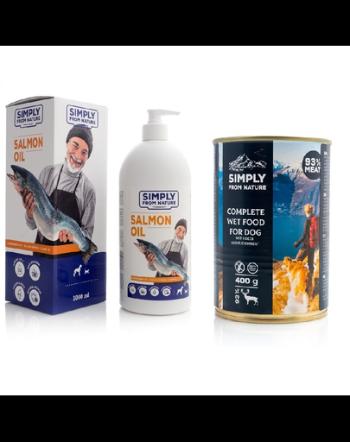 SIMPLY FROM NATURE Ulei de somon pentru animale de companie 1 L + hrana umeda pentru caini, carne de vanat si hrisca 400 g GRATIS