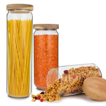 Klarstein Lovage, caserole alimentare, 0,75, 1,1, 1,5 l, set de 3 bucăți, sticlă borosilicată, capac din lemn de salcâm, silicon