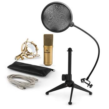 Auna MIC-900G-LED V2, set de microfon usb, microfon condensator auriu + filtru pop + suport de masă