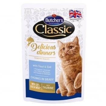 Butcher's Cat Delicious Dinner Pouch, Pastrav si Cod, 100 g