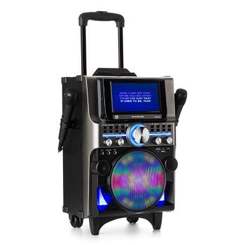 Auna Pro DisGo Box 360, sistem de karaoke BT, 2 microfoane, HDMI, BT, LED, USB, rtip troler negru