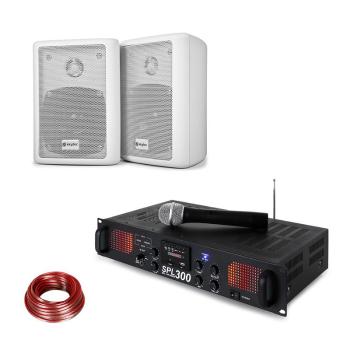 Skytec SPL 300 VHF, set cu amplificator PA, 2 difuzoare, cablu difuzor, alb