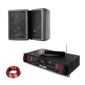 Skytec SPL 300 VHF, set cu amplificator PA, 2 difuzoare, cablu difuzor, negru