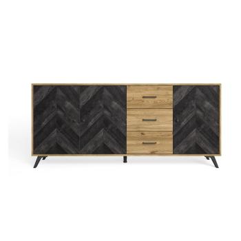 Comodă negru/natural  joasă cu aspect de lemn de stejar 181x81 cm Delta – Marckeric