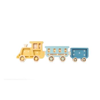 Veioză galbenă-albastră din lemn de pin Little Lights Train, lungime 58 cm