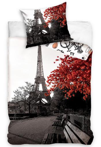 Lenjerie pat din bumbac Toamna la Paris - gri/alb/rosu - Mărimea single 140x200+70x90 cm