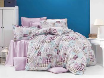 Lenjerie de pat din crep Patchwork - roz/ albastru deschis/bej - Mărimea single 140x200+70x90 cm