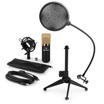 Auna MIC-900BG-LED V2, set de microfon usb, microfon condensator negru-auriu + filtru pop + suport de masă
