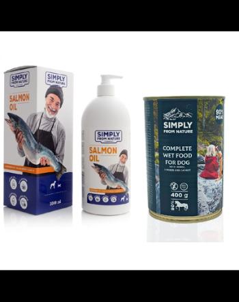 SIMPLY FROM NATURE Ulei de somon pentru animale de companie 1 L + hrana umeda caini, carne de cal si seminte in 400 g GRATIS