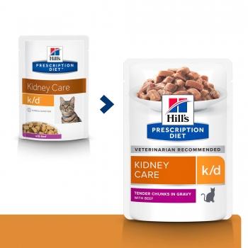 HILL'S Prescription Diet k/d Kidney Care, Vită, dietă veterinară pisici, plic hrană umedă, sistem renal, 85g