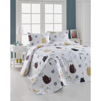 Set cuvertură matlasată și 2 fețe de pernă Eponj Home Hello Cats White, 200 x 220 cm