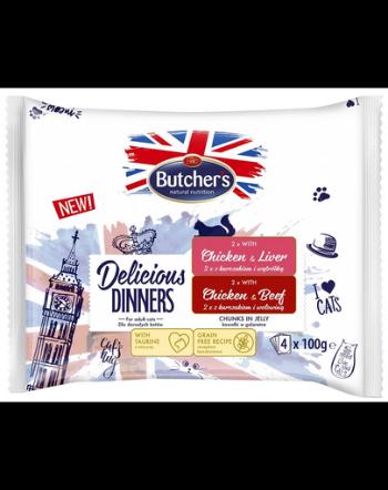 BUTCHER'S Delicious Dinners hrana pisica, bucati carne gelatina in aspic 4x100g cu pui si ficat, cu pui si vita