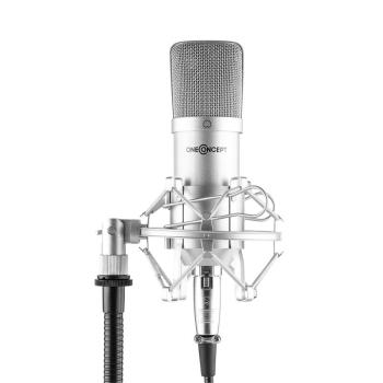 OneConcept Mic-700, microfon de studio, Ø 34 mm, uni spin, protectie impotriva vantului, XLR, argintiu