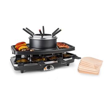 Klarstein Entrecote, 2 în 1 raclette grill & fondue, piatră naturală, 1100 W, 8 persoane, covorașe