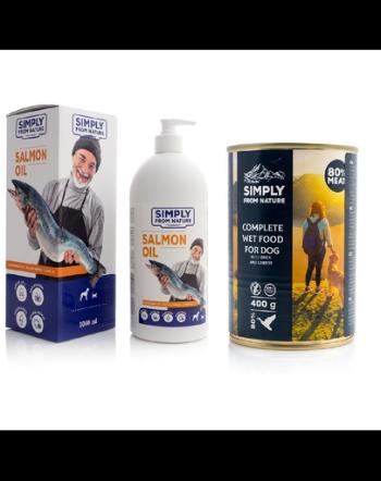 SIMPLY FROM NATURE Ulei de somon pentru animale de companie 1 L + hrana umeda pentru caini, cu rata si morcov 400 g GRATIS