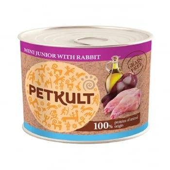 PETKULT Grain Free Mini Junior, Iepure, pachet economic conservă hrană umedă fără cereale câini junior, 185g x 6
