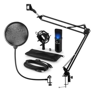 Auna MIC-900B-LED, USB, set de microfon, set V4, negru, microfon condensator, filtru pop, braț de microfon, LED